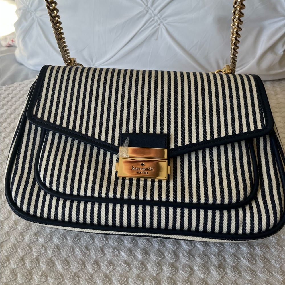 Kate Spade New York Carey Small Flap Shoulder Bag Striped Blue Handbag Purse